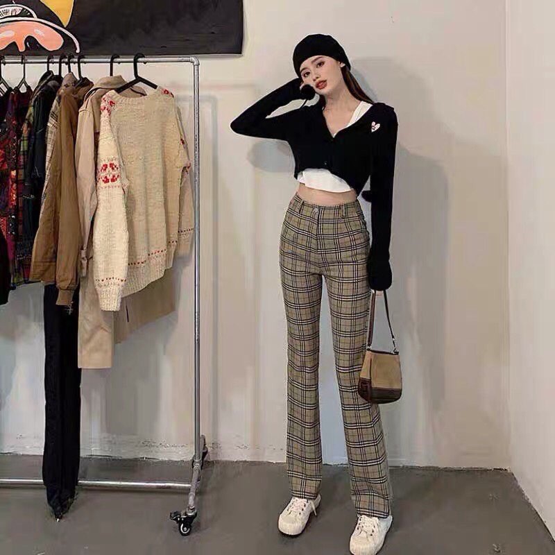 Quần tây ống loe họa tiết caro | có kèm hình thật | quần size S