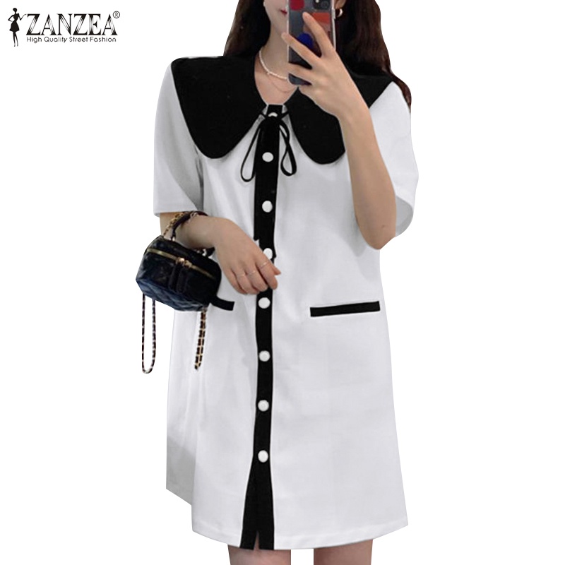 Đầm tay ngắn Zanzea phối màu tương phản phong cách Hàn Quốc thời trang cho nữ