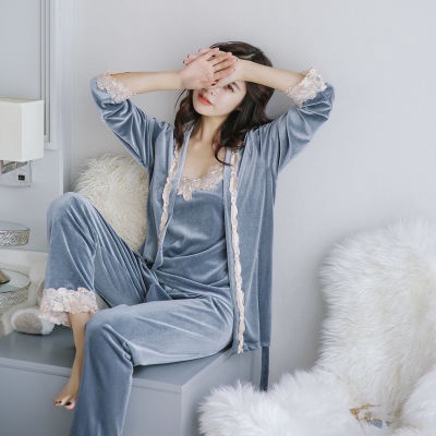 Bộ Đồ Ngủ Ba Món Bằng Vải Nhung Tay Dài Màu Vàng Đồng Phong Cách Hàn Quốc Quyến Rũ Thời Trang Thu Đông Cho Nữ Plus
