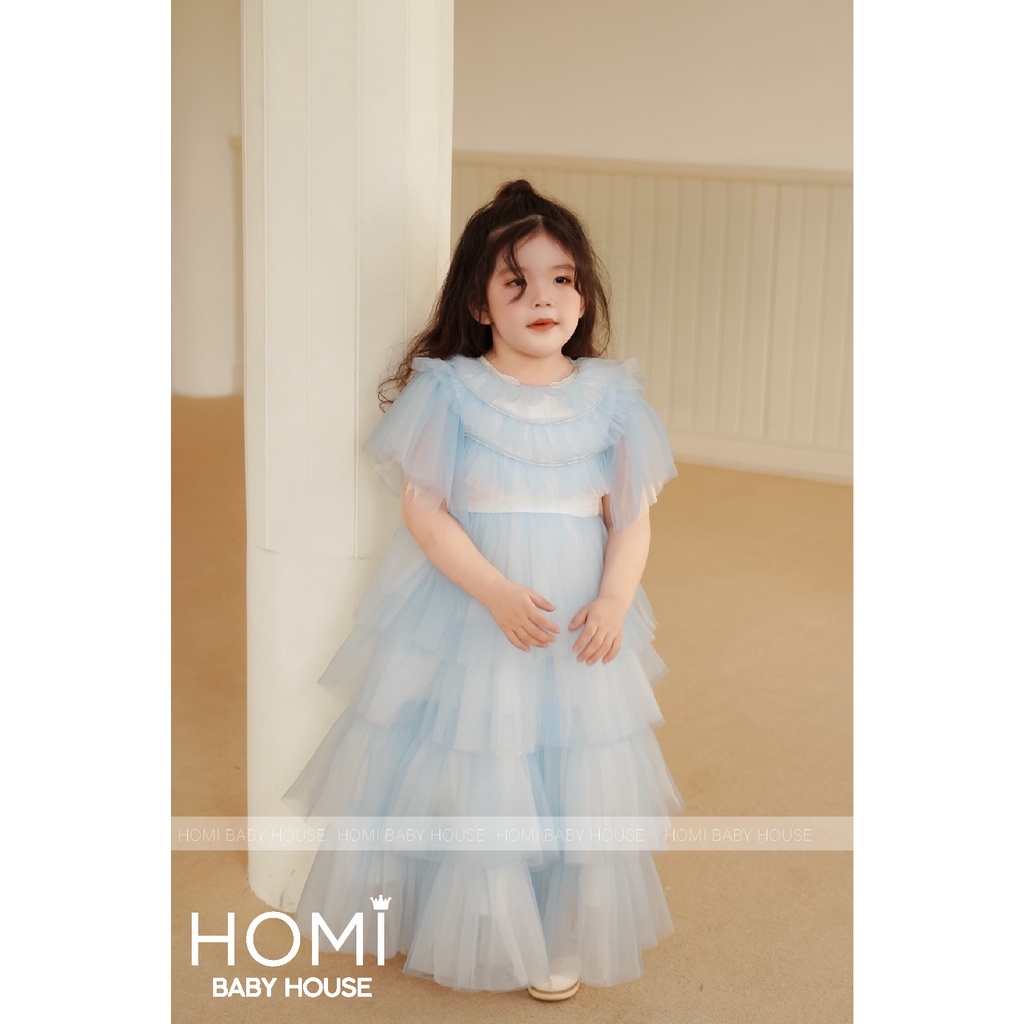 Váy công chúa cho bé dự tiệc đầm công chúa Lucy xanh biển đầm tầng 3 viền đá cho bé gái HOMI BABY HOUSE