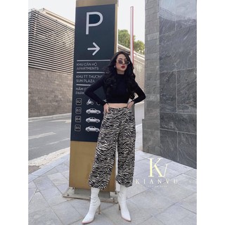 SET ÁO CROPTOP TAY DÀI CỔ TRÒN LƯNG ĐAN DÂY CHÉO KHOE EO KÈM QUẦN DÁNG SUÔNG DÀI HỌA TIẾT DA BÁO