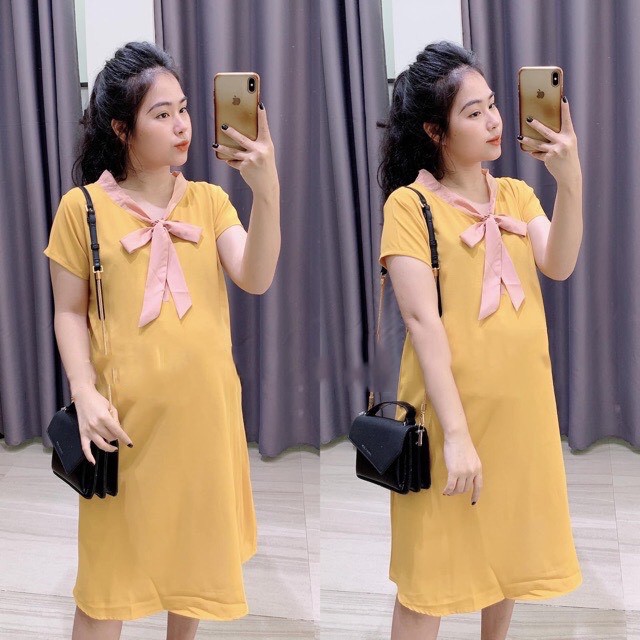 Váy bầu XUÂN HÈ cổ nơ mềm mát - 𝐕𝟏𝟐