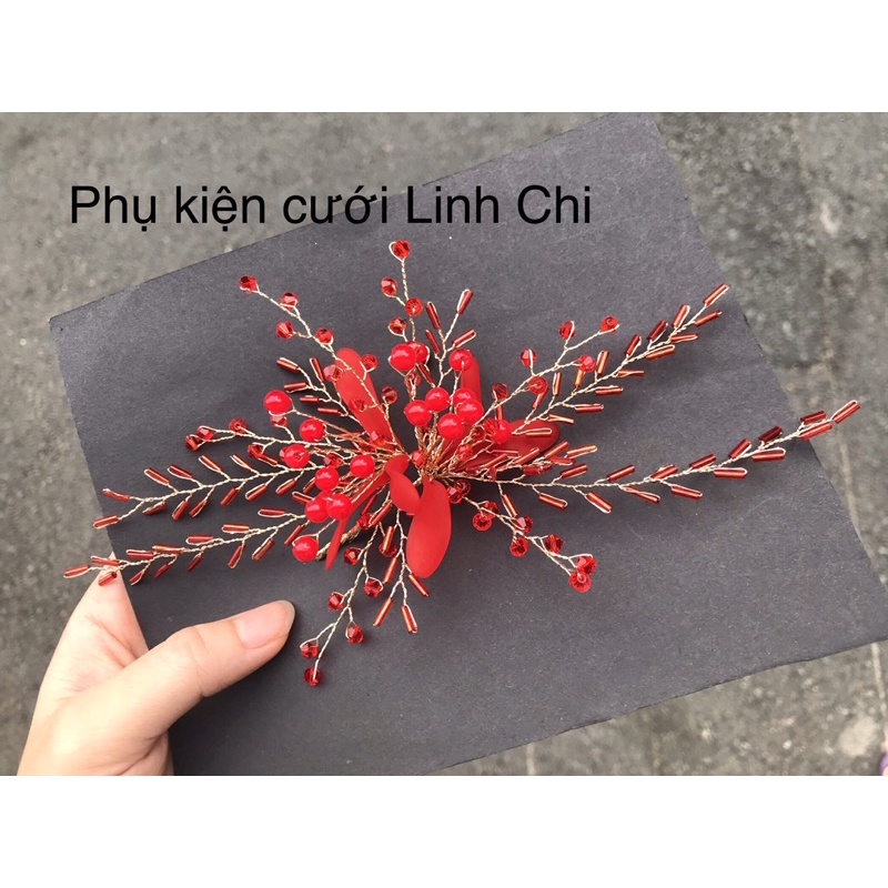 Set 2 cài hoa màu đỏ, phụ kiện cài tóc cô dâu