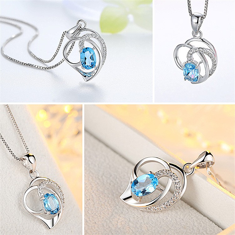 Dây Chuyền Bạc Mặt Trái Tim Đính Đá Topaz Màu Xanh Dương