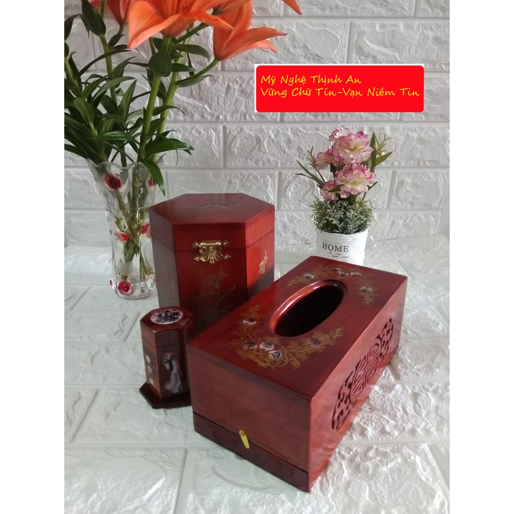 Bộ 3 món tiện ích bằng gỗ hương đỏ hộp Trà lớn,hộp khăn giấy chữ nhật,hộp tăm CO3MTL