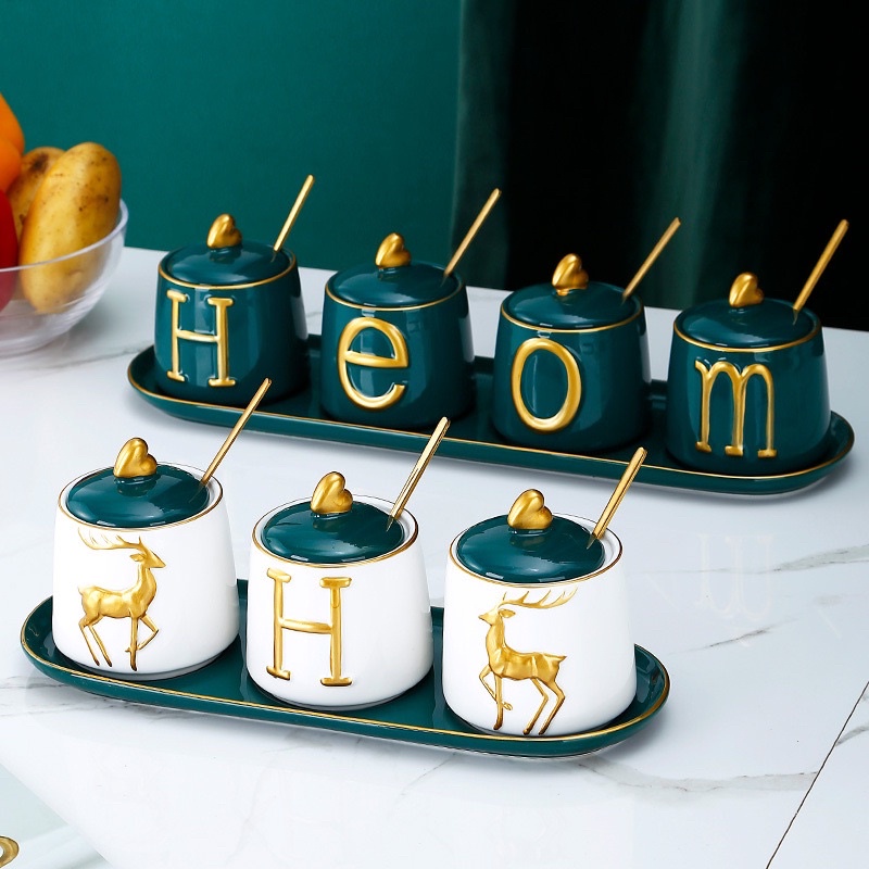 Bộ gia vị gốm sứ vân nổi hình hươu , chữ home