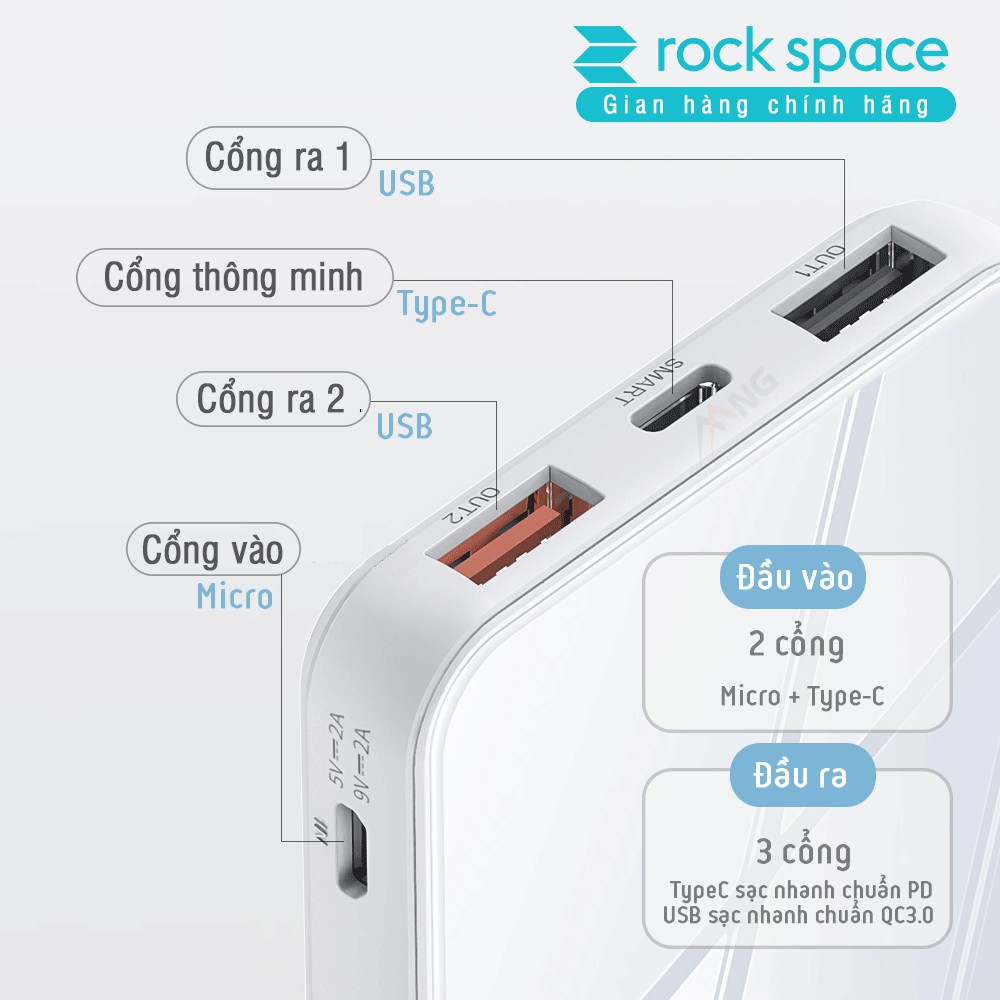 Pin sạc dự phòng không dây chính hãng Rockspace P62PD dung lượng thực 10.000 mAh, chuẩn PD sạc nhanh cho iPhone, samsung