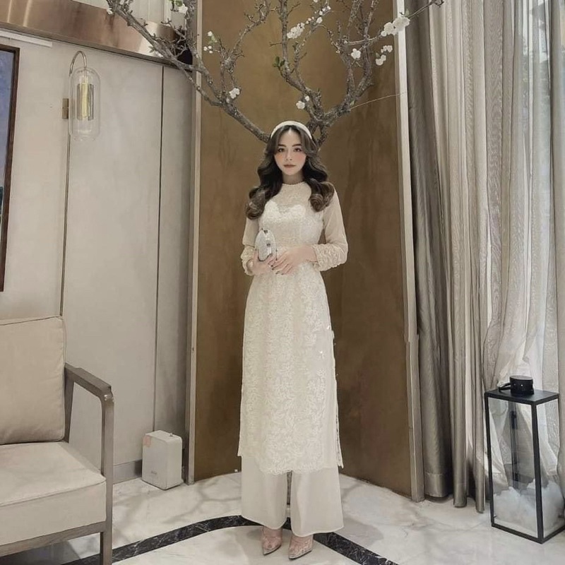 Áo Dài Ren Thiết Kế 4 Tà Phối Tay Voan Nhún Bèo