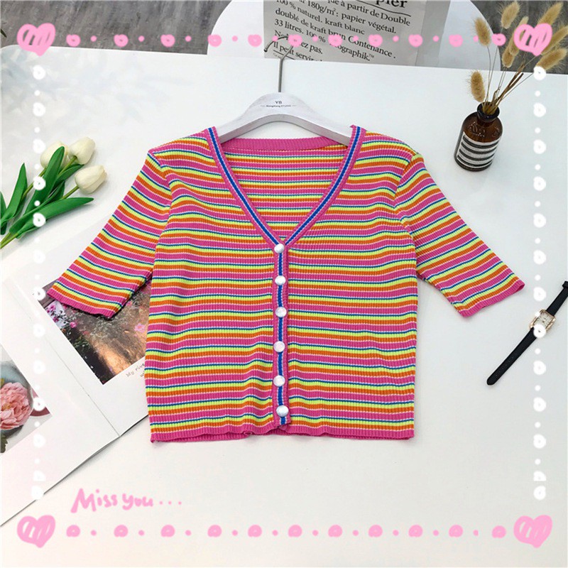 Áo Croptop dệt kim tay ngắn hoạ tiết kẻ sọc cho phái nữ | BigBuy360 - bigbuy360.vn