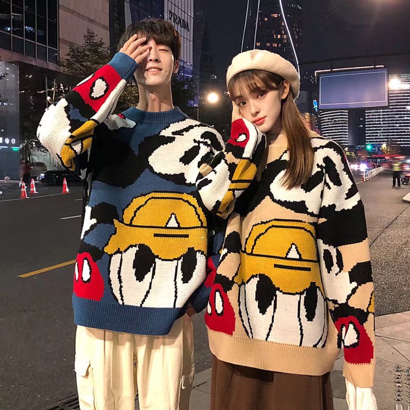 Áo Sweater Dệt Kim Cổ Tròn Dáng Rộng In Hoạt Hình Kiểu Nhật Bản Thời Trang Thu Đông Cho Cặp Đôi 2021