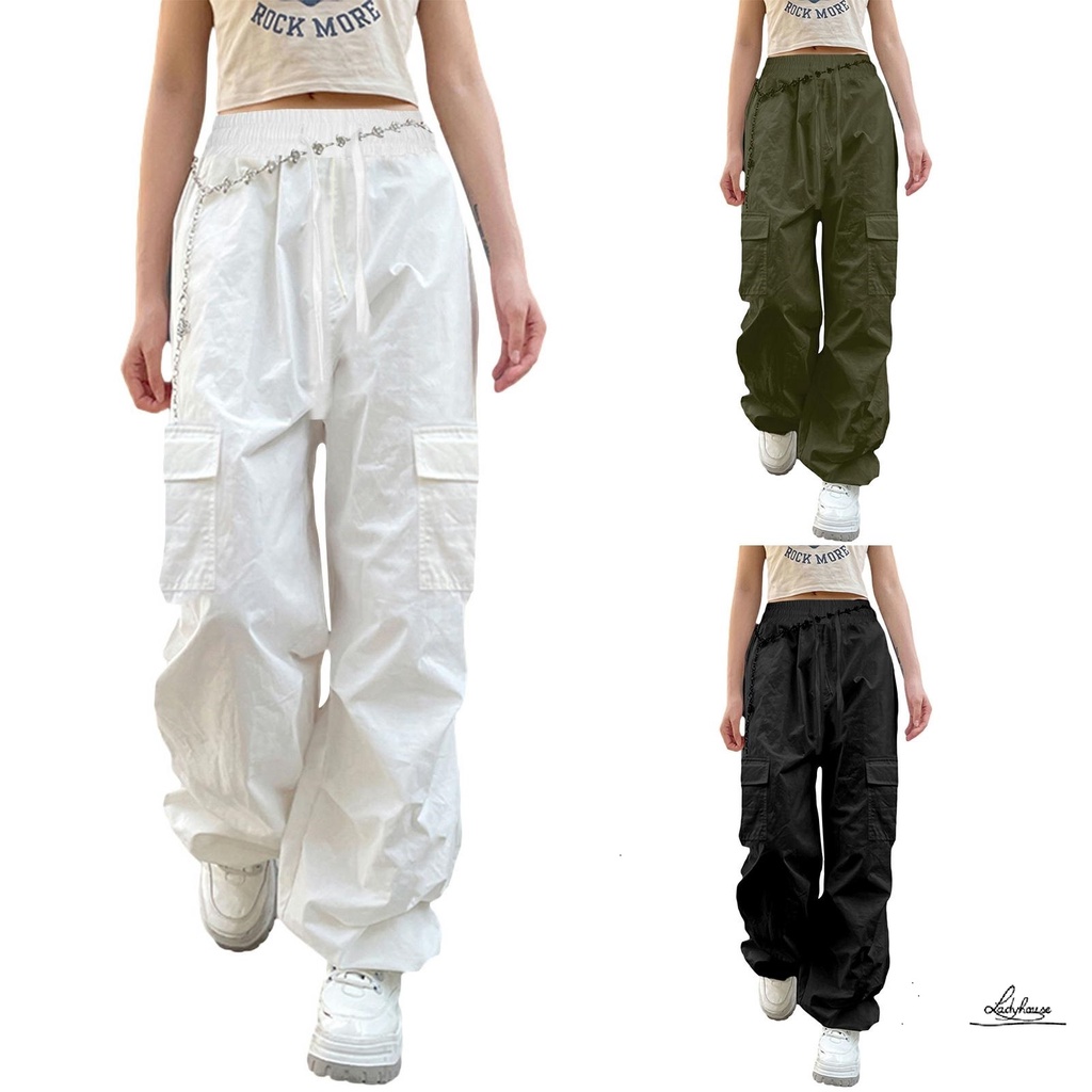 Quần Baggy Dài Ống Rộng Lưng Thun Rút Dây Màu Trơn Thời Trang Mùa Xuân Cho Nữ