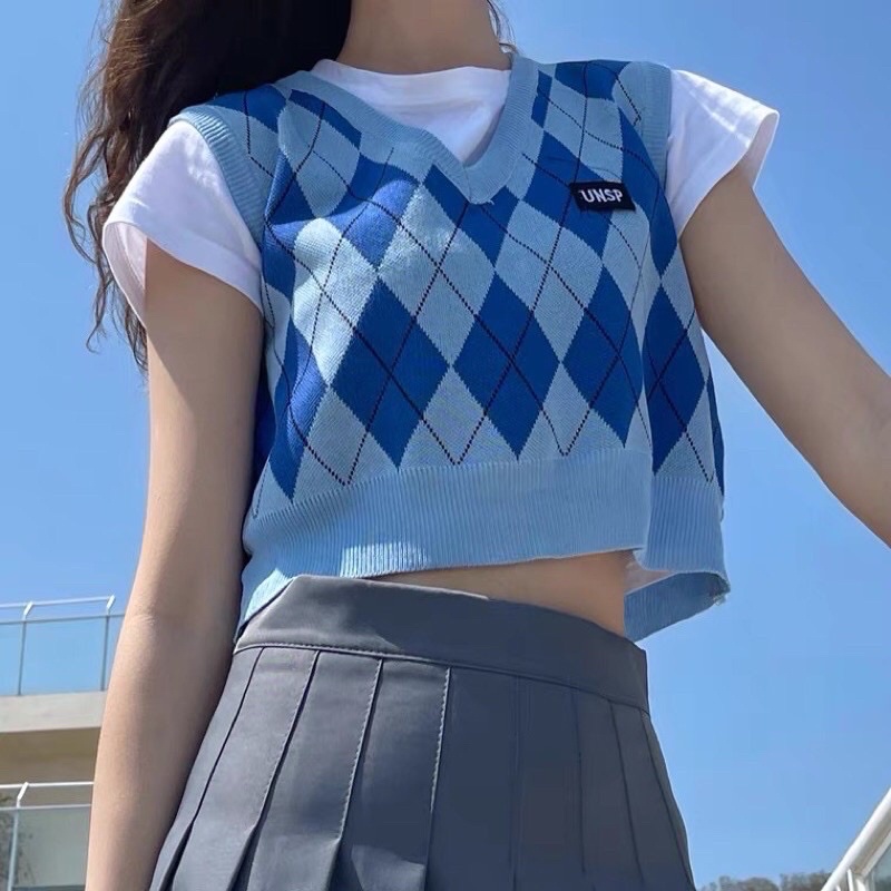 Áo Gile Len Cộc Tay Dáng Croptop Kẻ Vuông Cực Xinh