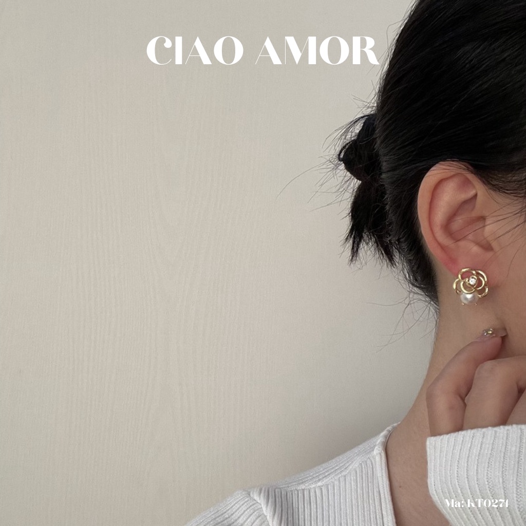 KT0271-Khuyên tai nữ, Bông tai tròn bạc 925 hoa đính ngọc trắng dưới Trang sức Ciao Amor