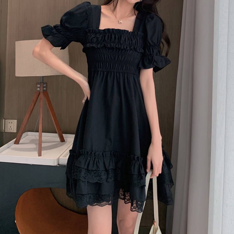 Đầm Đen Cổ Vuông Phối Ren Phong Cách Hepburn Thời Trang Mùa Hè Cho Nữ