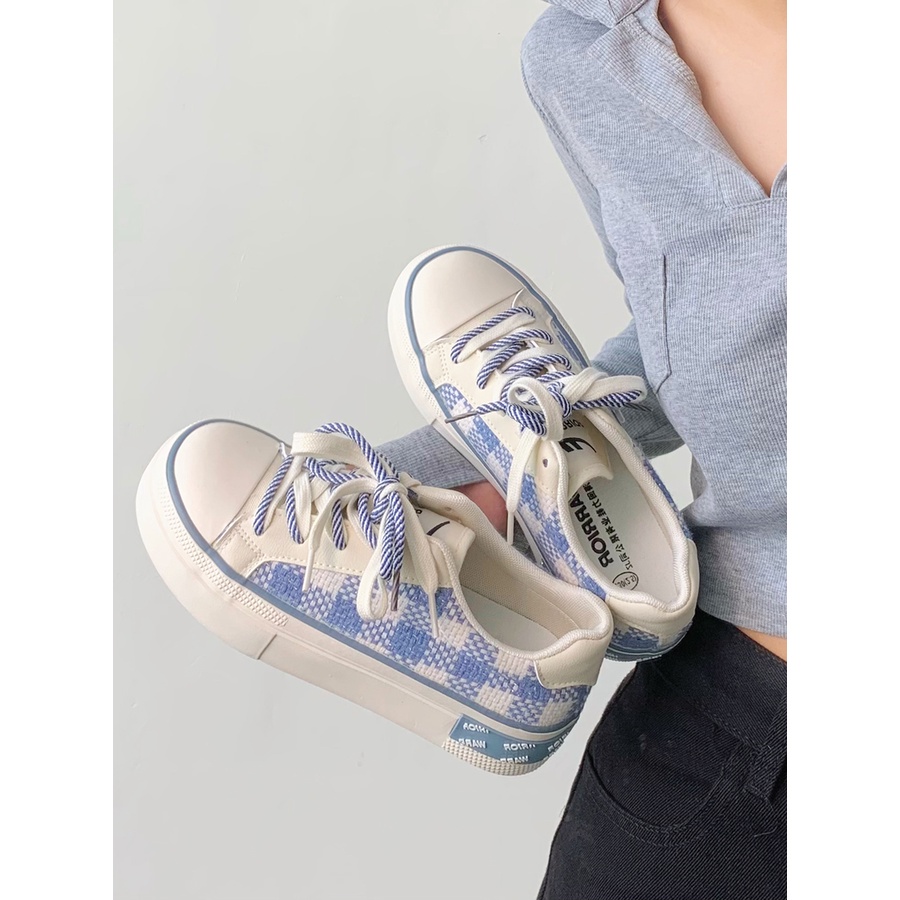Giày thể thao nữ dây kép thêu caro, sneaker vải canvas, giày sneaker mũi nhọn đế 4cm