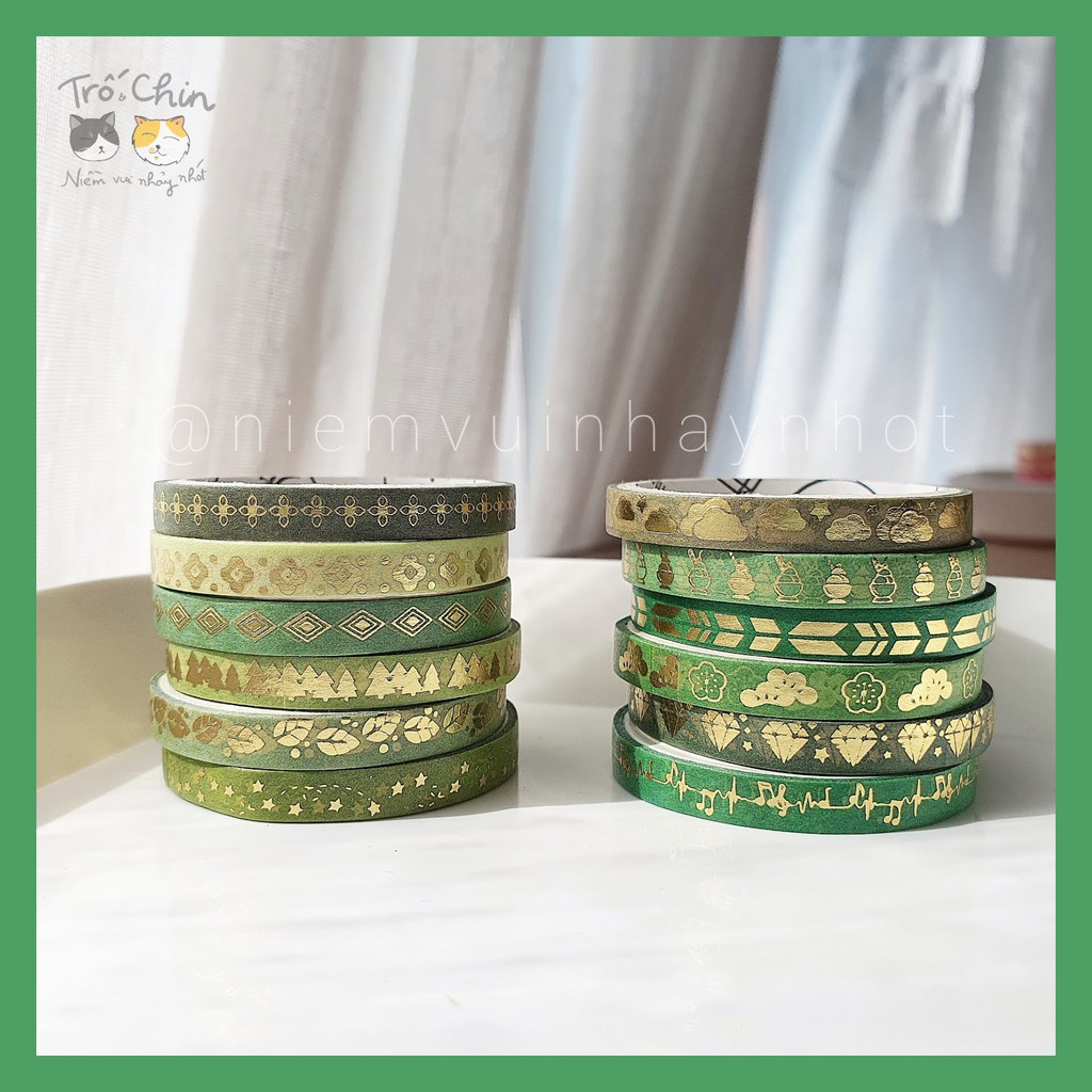 Băng keo trang trí Washi tape nhũ ánh kim màu Xanh lá nhiều họa tiết (5mm*2m)