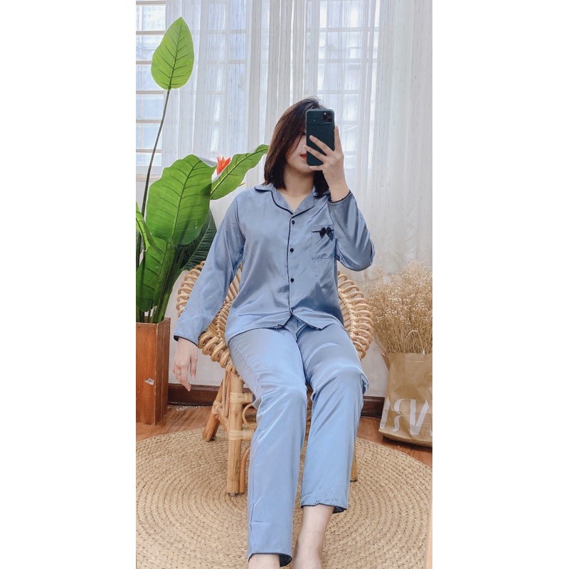 bộ đồ ngủ Đồ bộ pijama, bộ ngủ lụa nữ mặc nhà tay dài quần dài chất phi lụa freesezi từ 40kg đến 60kg