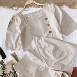 SET ÁO CỔ VUÔNG NÚT GỖ QUẦN SHORT (KÈM HÌNH THẬT)