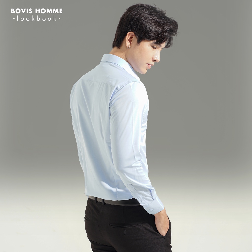 Áo sơ mi nam Bovis Homme tay dài thiết kế màu Xanh SD374, chất liệu Bamboo, vải dày dặn, thấm hút mồ hôi, chống nhăn