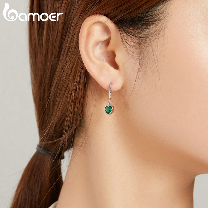 Đôi Bông Tai Bamoer SCE1006 Dành Cho Nữ Bằng Bạc 925 Đính Đá Xanh Lá CZ Kiểu Dáng Dài
