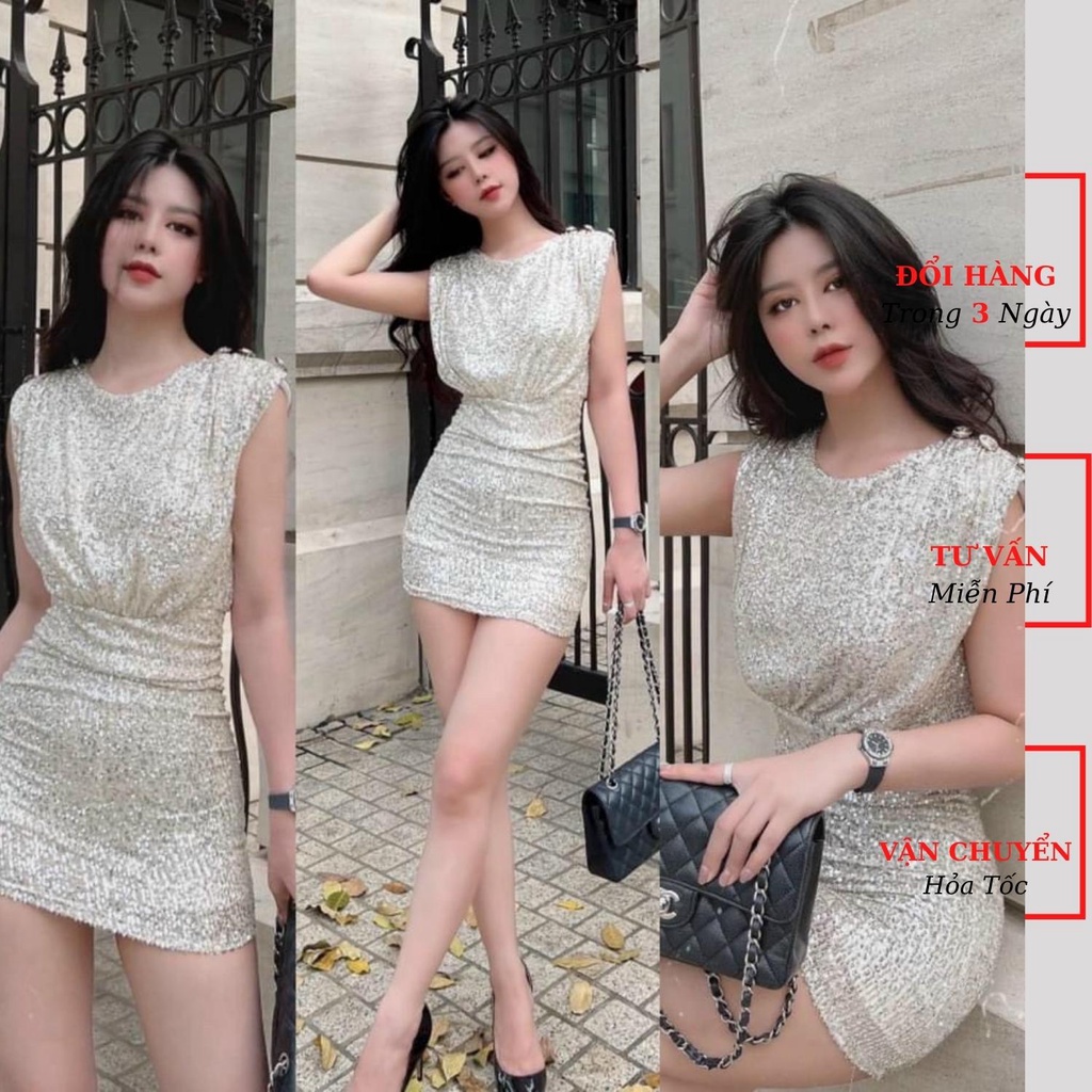 Váy nhũ body nữ dúm eo tay hến sát nách dáng ngắn phong cách sexy đi tiệc cưới ulzzang Hàn Quốc