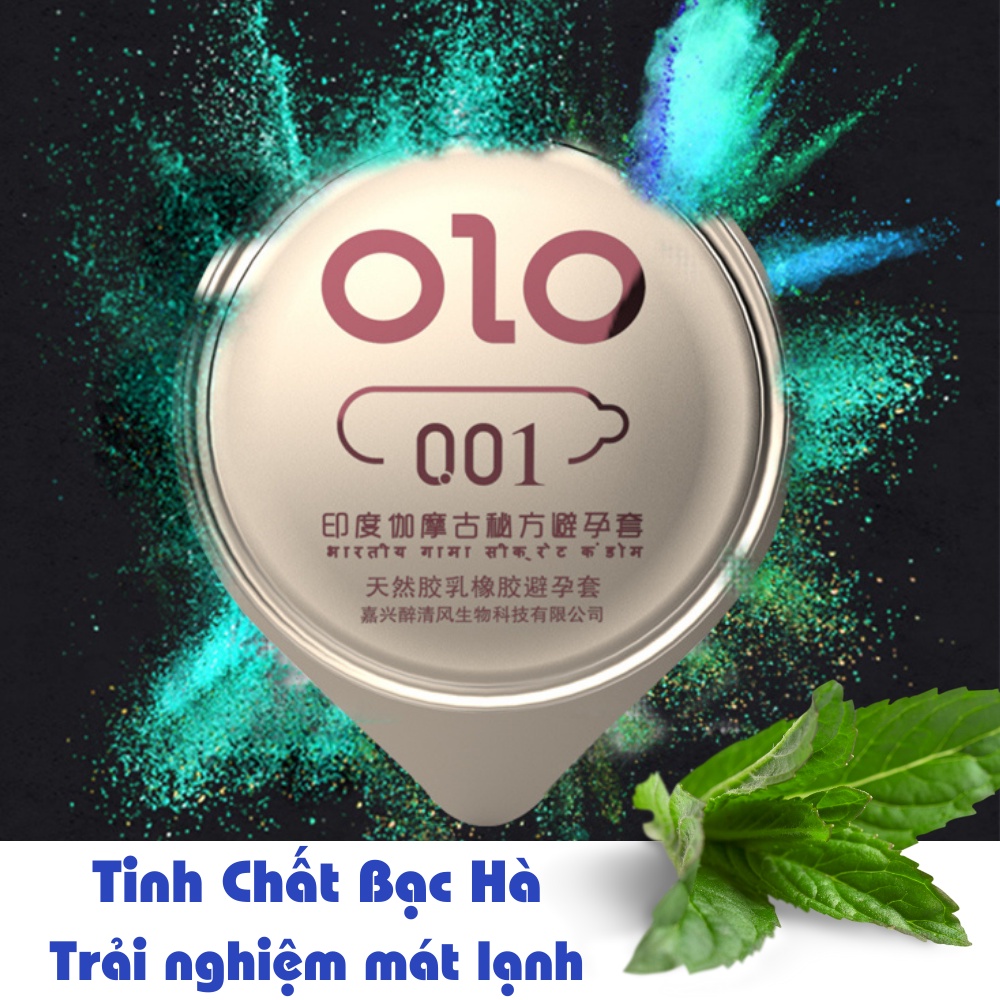 Bao cao su kéo dài thời gian OLO siêu mỏng 0 01mm bcs gel bôi trơn xanh bạc hà mát lạnh olo3