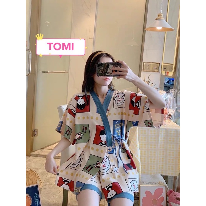 Bộ ngủ KIMONO, bộ pijama nữ buộc dây hình cậu bé ngắn tay - TOMI BOUTIQUE