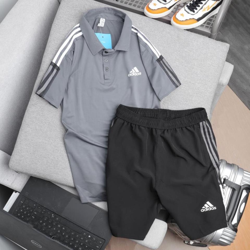 Bộ Thể Thao Adidas Có Cổ Nam Cao Cấp ,Quần Áo Nam Cộc Tay Thể Thao Co Giãn 4 Chiều, Các Size Từ 45-80kg ! ~