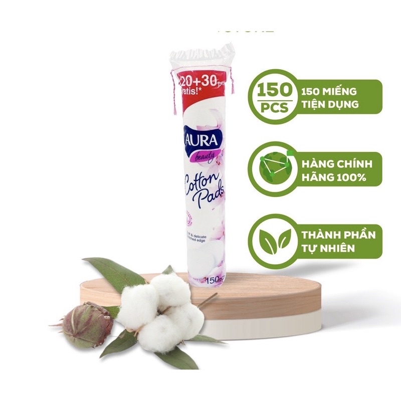 Bông Tẩy Trang AURA BEAUTY NGA, Bông Tẩy Trang Châu Âu, Tẩy Trang 100% Cotton Tự Nhiên 150 Miếng