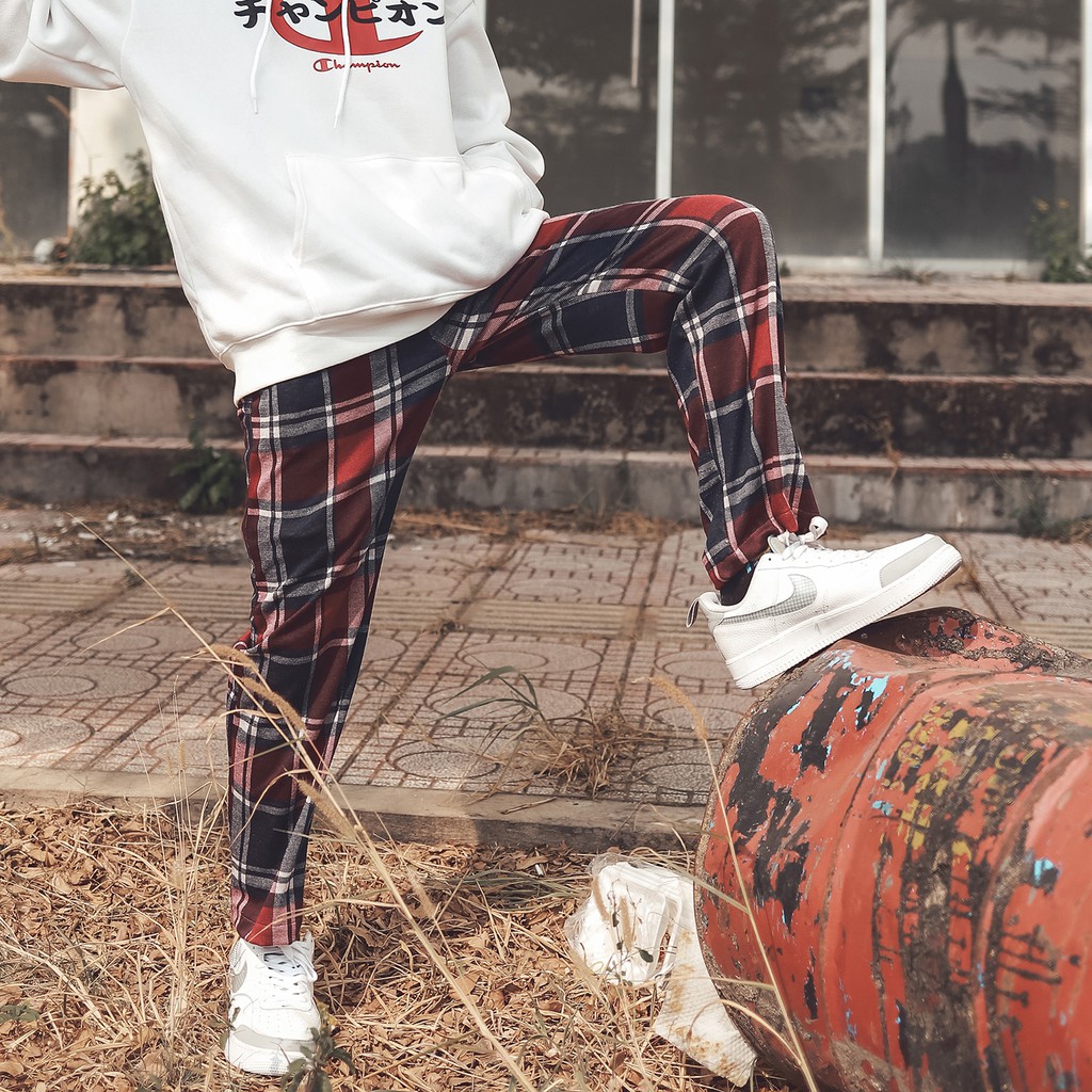 Quần Thun Baggy Ống Suông Rộng Lưng Thun Caro Chất Liệu Cotton Form Unisex Màu Đỏ