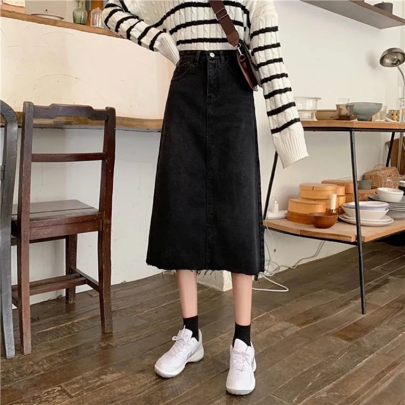 Chân Váy Jean Nữ Màu Đen Dáng Suông Chữ A Basic Phong Cách Vintage Ulzzang Hàn Quốc Chất Loại 1 Mềm Tay Rách Gấu