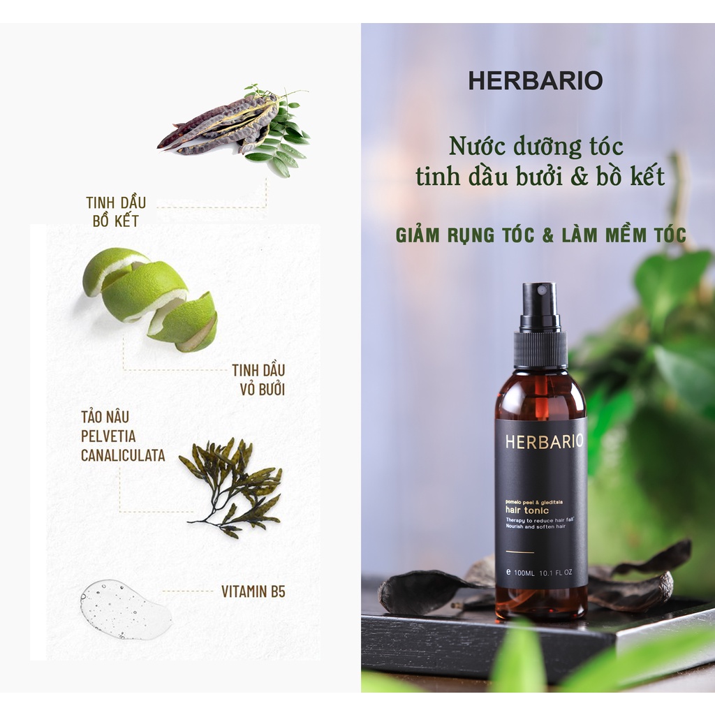 Nước dưỡng tóc tinh dầu Vỏ Bưởi và Bồ Kết Herbario 100ml kích thích mọc tóc, giảm rụng tóc
