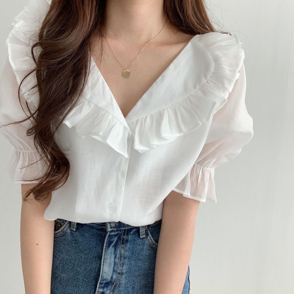 Áo Sơ Mi Chiffon Tay Ngắn Phối Bèo Thoáng Khí Thời Trang Mùa Hè Cho Nữ | BigBuy360 - bigbuy360.vn