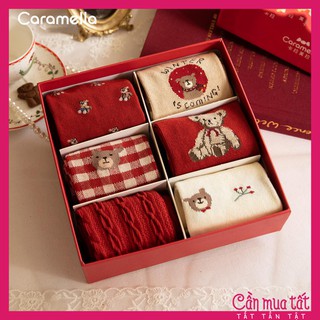Set tất hộp quà tặng Caramella cao cấp 6 đôi vớ cổ dài chủ đề gấu đỏ kèm hộp đựng sang trọng 2021