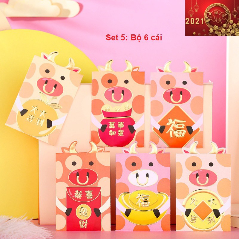 Combo 6 Bao Lì Xì Hoạt Hình TẾT Tân Sửu 2021 - Nhiều loại hình trâu siêu Dễ thương