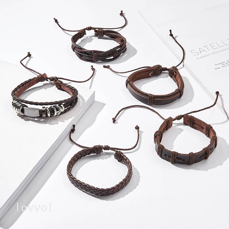 Set 5 Vòng Tay Da Nhiều Lớp Đính Hình Chim Cú Và Chiếc Lá