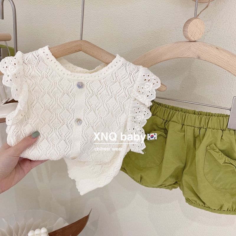 Bộ Áo Sát Nách + Quần Short Dệt Kim Phối Ren Phong Cách Nhật Hàn Thời Trang Mùa Hè Mới 2022 Cho Bé Gái