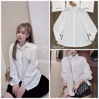 Áo sơ mi trắng nữ Oversize tay dài bo viền chữ / Áo sơ mi nữ trắng cổ đức