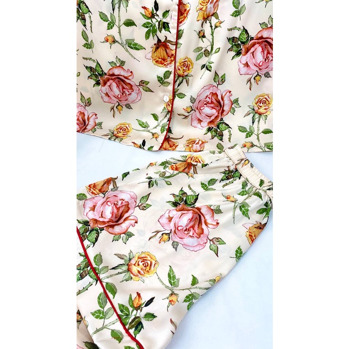 Pijama Lụa Nhật Cao Cấp JAPAN SILK Tay Ngắn Quần Cộc Họa Tiết Đóa Hoa BC064
