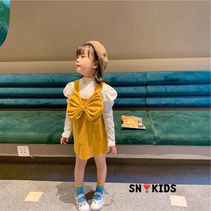 Bộ yếm nhung nơ xinh kèm áo tay bồng kute cho bé gái - BYNN