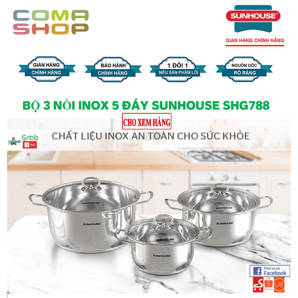 SHG788 - BỘ 3 NỒI INOX 5 ĐÁY SUNHOUSE (DÙNG ĐƯỢC MỌI LOẠI BẾP) – HÀNG CHÍNH HÃNG