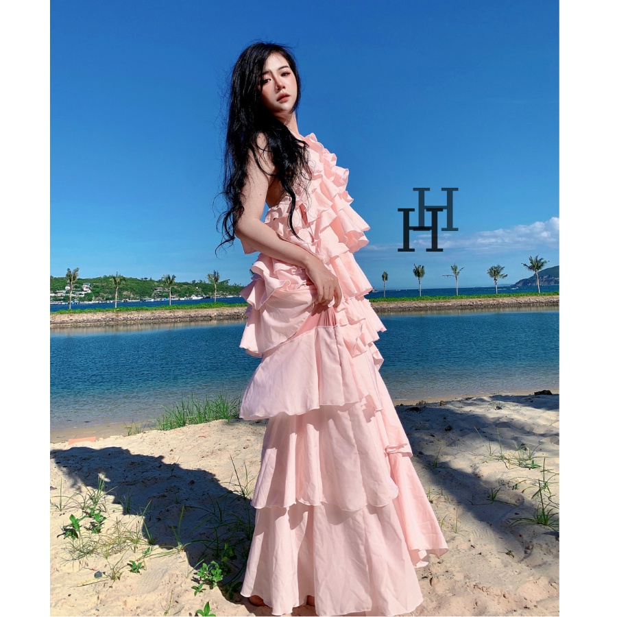 Đầm maxi HDC98 bèo tầng màu hồng, váy suông đi biển Hỉn Hỉn Store