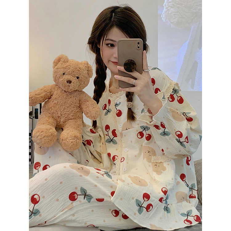 Bộ Đồ Ngủ Phối Ren Họa Tiết Hoa Ngọt Ngào Thời Trang Xuân Thu Cho Nữ