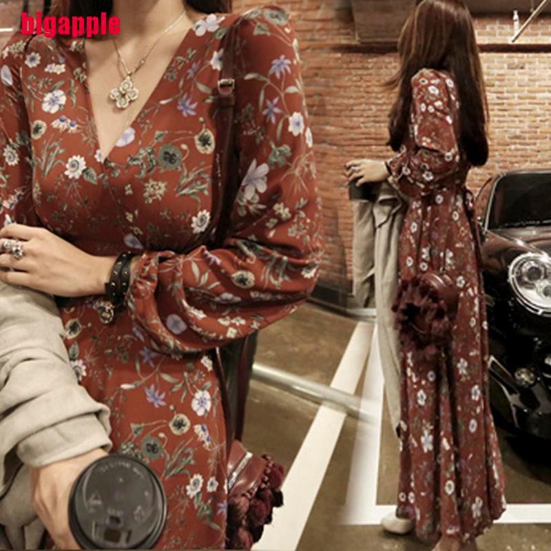 Đầm Maxi Hoa Tay Dài Cổ Chữ V Thời Trang Dành Cho Nữ