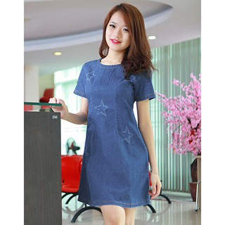 Đầm jean nữ cổ tròn wash ngôi sao duyên dáng