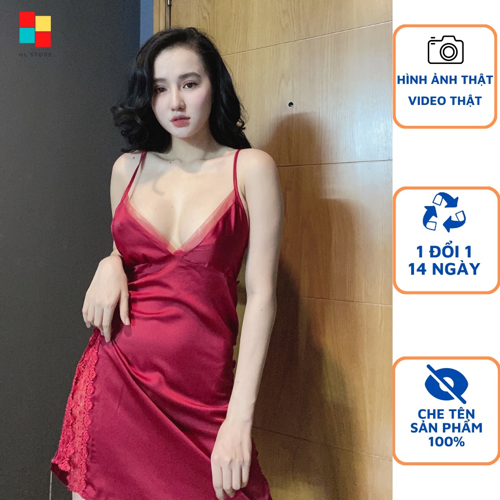 Đầm ngủ 2 dây phối ren eo, ngực phối lưới HẢI LAN Store, chất liệu lụa satin cao cấp mềm mại, freesize dưới 65kg