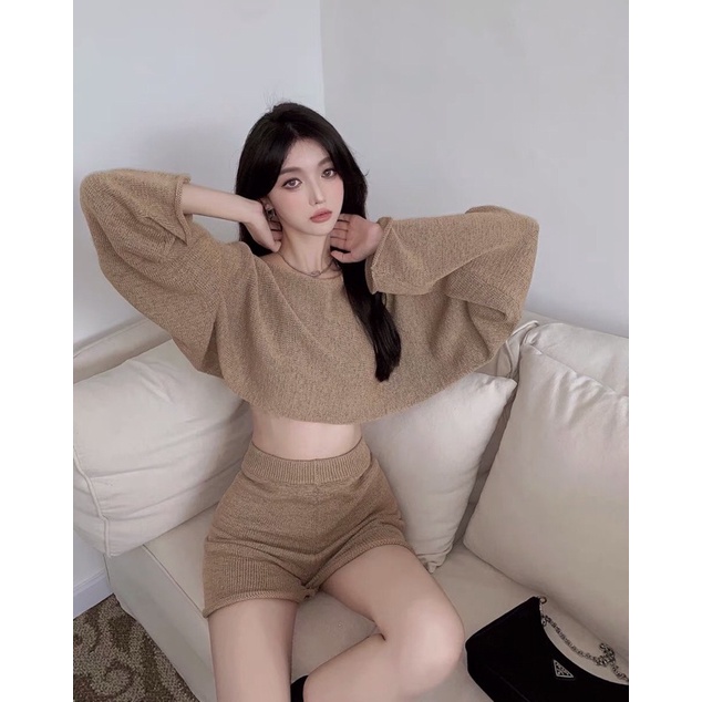 Set Quần Lửng Phối Áo Form Croptop Tay Dài Châu Âu Cao Cấp