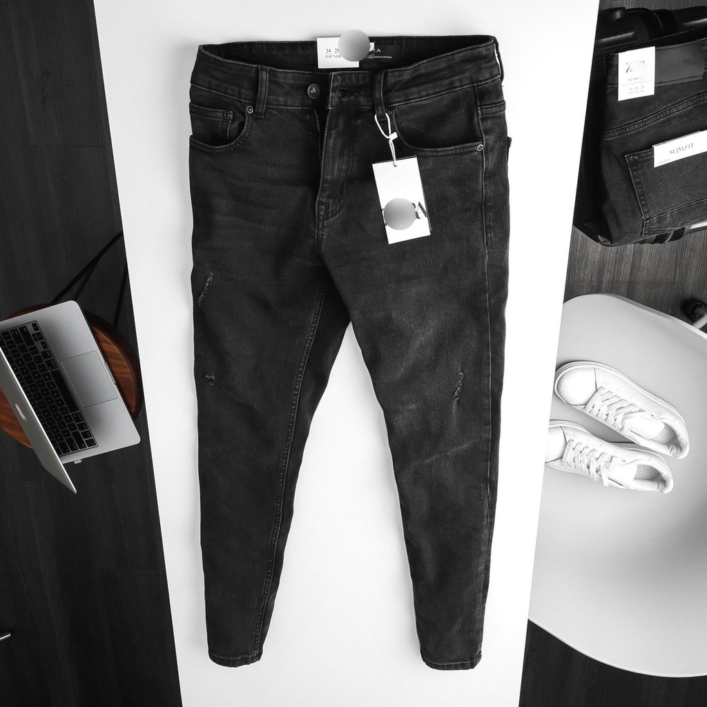 Quần jean nam màu xám đậm xước nhẹ Za.Ra cao cấp co giãn bốn chiều dày dặn chuẩn hàng hiệu