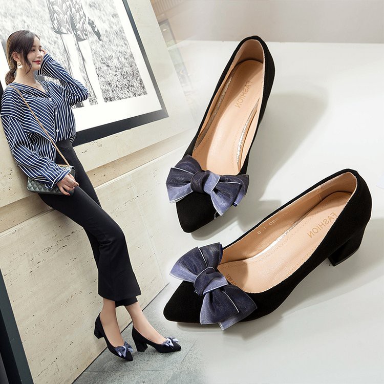 Women's shoes 2020 spring new Korean version of wild bowknot pointed shallow mouth suede shoes thick heel high heels