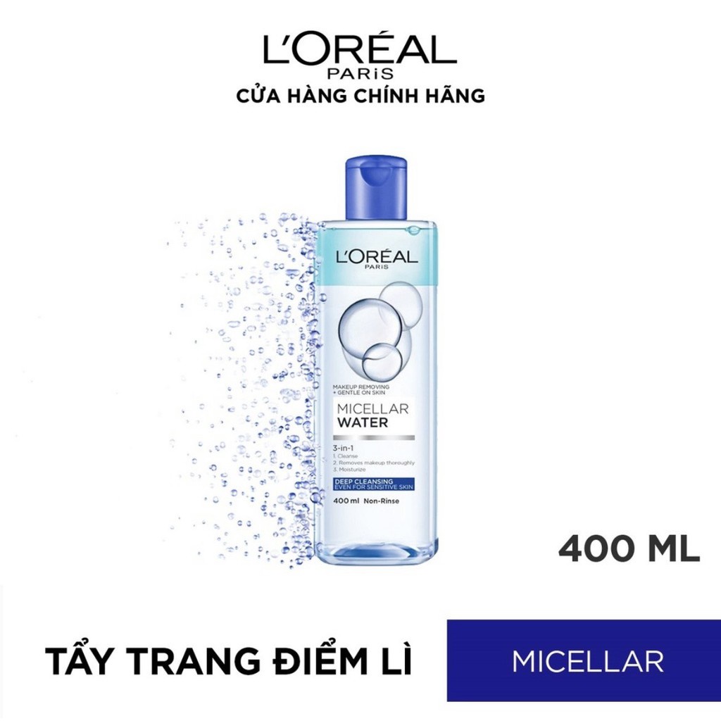 [ TẶNG BÔNG TẨY TRANG 40 MIẾNG ] Nước tẩy trang cho mọi loại da L'Oreal Paris 3-in-1 Micellar Water 400ml LOẠI SẠCH SÂU | BigBuy360 - bigbuy360.vn